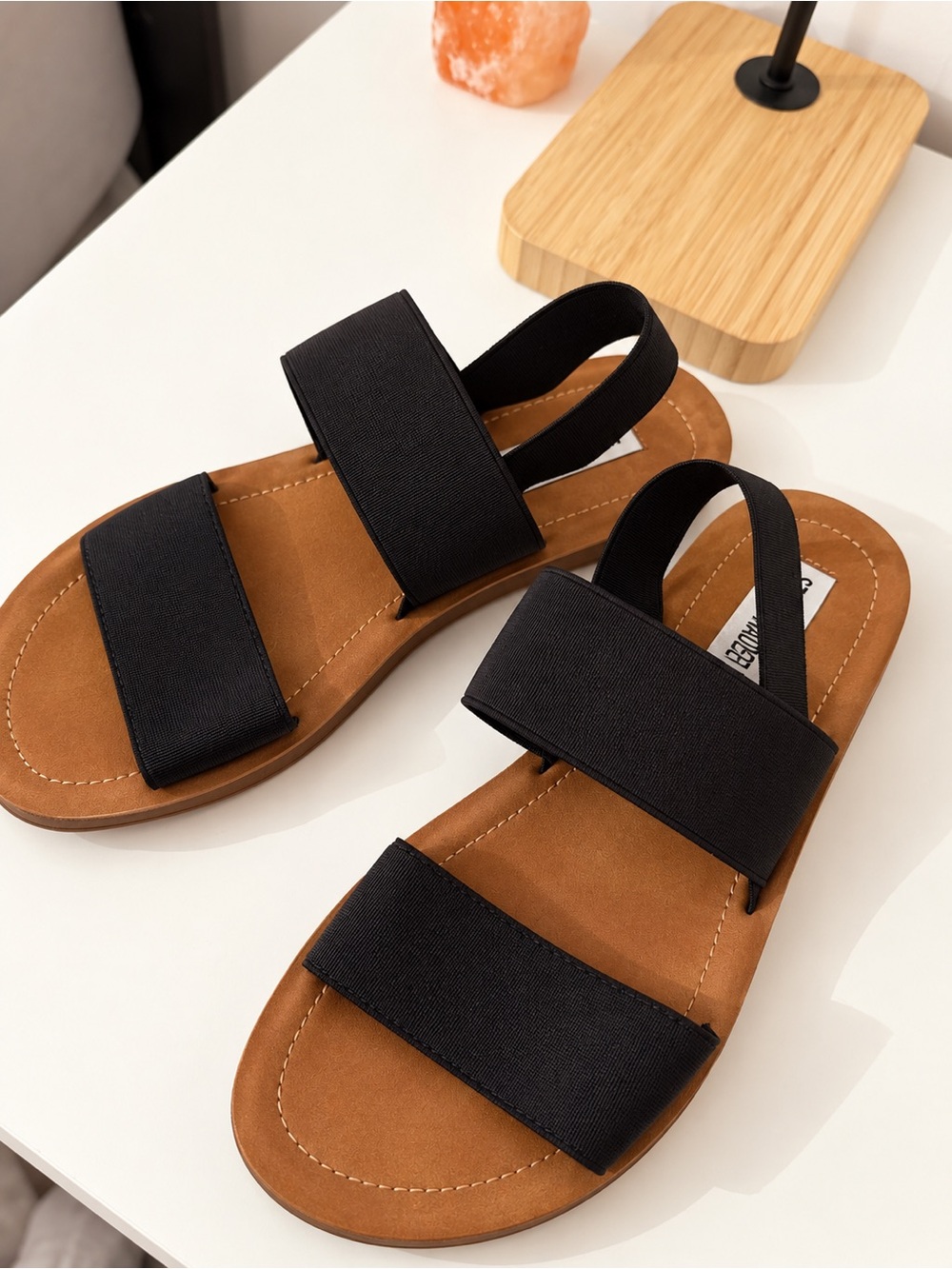 Steve Madden Black Strap Sandals with Tan Footbed